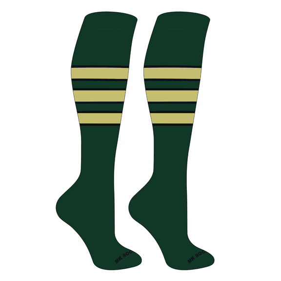 MK Socks Striped OTC Baseball, Softball, Football Socks (C) Dk Green, Black, Vegas Gold (L)