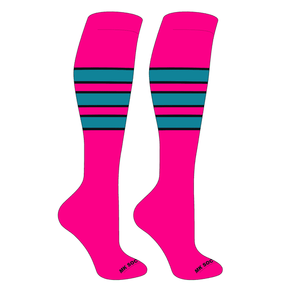 MK Socks Striped OTC Baseball, Softball, Football Socks (C) Hot Pink, Black, Marlin Teal (M)