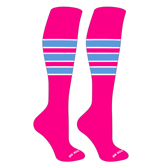 MK Socks Striped OTC Baseball, Softball, Football Socks (C) Hot Pink, White, Columbia Blue (M)