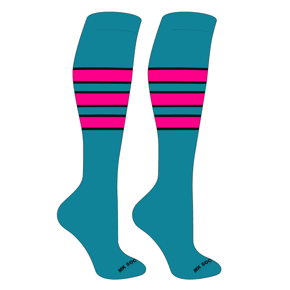 MK Socks Striped OTC Baseball, Softball, Football Socks (C) Marlin Teal, Black, Hot Pink (L)