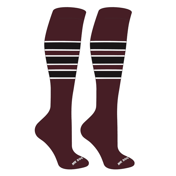 MK Socks Striped OTC Baseball, Softball, Football Socks (C) Maroon, White, Black (XL)