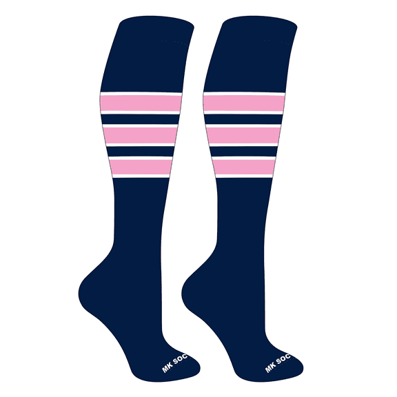 MK Socks Striped OTC Baseball, Softball, Football Socks (C) Navy, White, Pink (S)