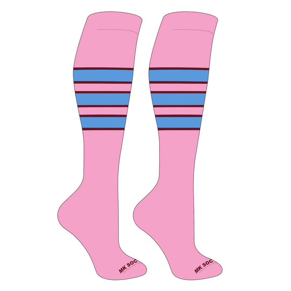 MK Socks Striped OTC Baseball, Softball, Football Socks (C) Pink, Cardinal, Columbia Blue (L)
