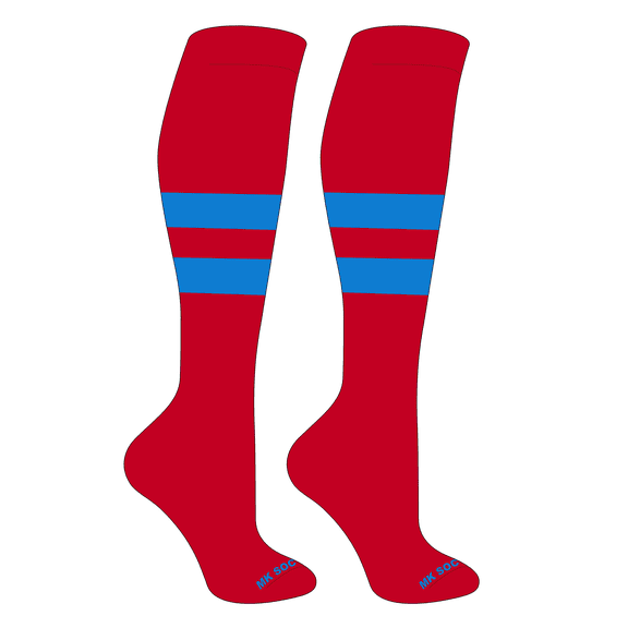 MK Socks Striped OTC Baseball, Softball, Football Socks (D) Red, Neon Blue (M)