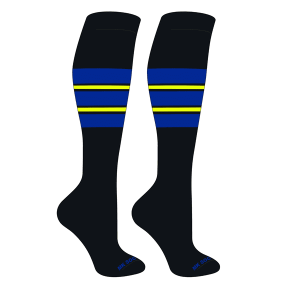 MK Socks Striped OTC Baseball, Softball, Football Socks (E) Black, Royal, Neon Yellow (S)