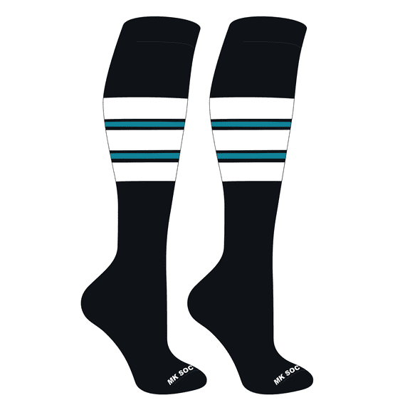 MK Socks Striped OTC Baseball, Softball, Football Socks (E) Black, White, Marlin Teal (S)