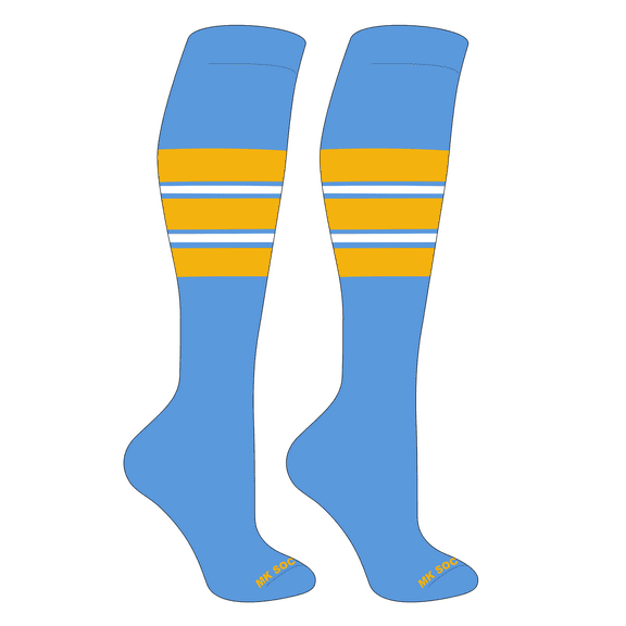 MK Socks Striped OTC Baseball, Softball, Football Socks (E) Columbia Blue, Gold, White (S)
