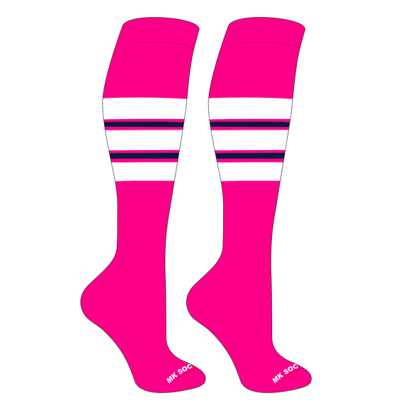 MK Socks Striped OTC Baseball, Softball, Football Socks (E) Hot Pink, White, Navy (S)