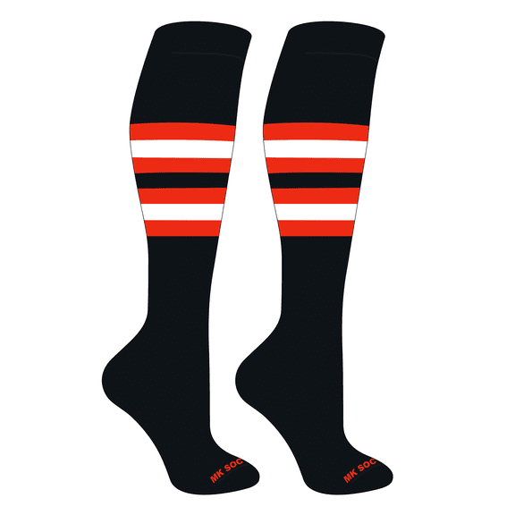 MK Socks Striped OTC Baseball, Softball, Football Socks (F) Black, Orange, White (XL)