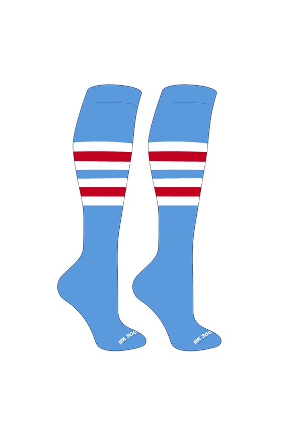 Striped OTC Baseball, Softball, Football Socks (F) Columbia Blue, White, Red (XL)