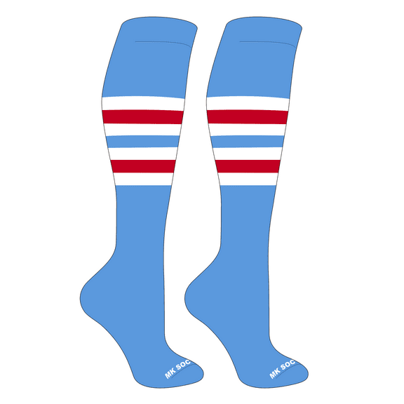 MK Socks Striped OTC Baseball, Softball, Football Socks (F) Columbia Blue, White, Red (XL)