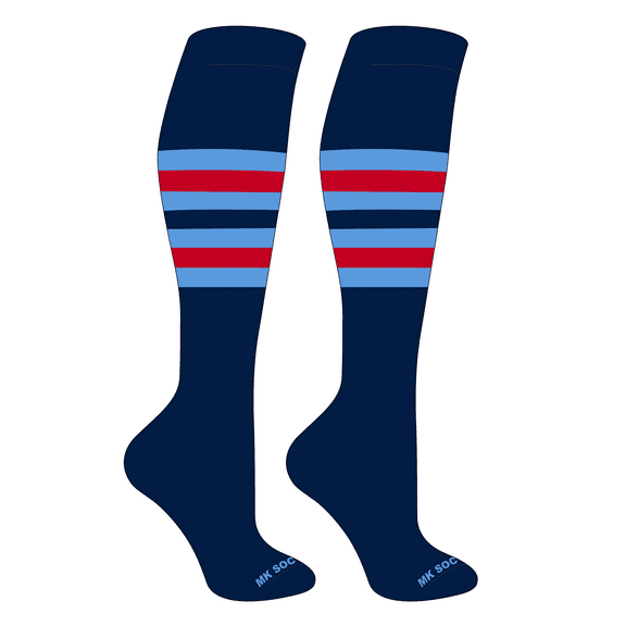 MK Socks Striped OTC Baseball, Softball, Football Socks (F) Navy, Columbia Blue, Red (L)