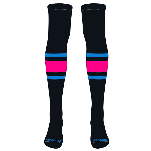 MK Socks Striped Over the Knee Baseball, Football Socks (B) Black, Neon Blue, Hot Pink (M)