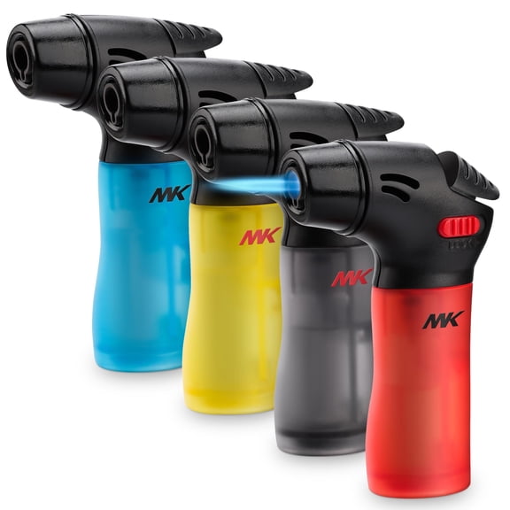 MK Torch Lighters 4 Pack,Windproof Jet Flame,Butane Refillable for Candle,BBQ,Camping,Fireplace,Gas Included (Mini-Hue)