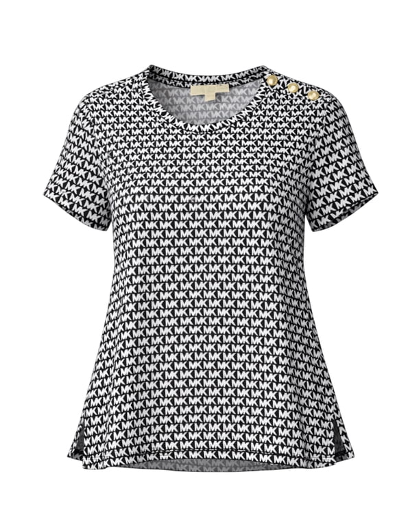 MK Women's Black and White Allover Monogram Print Short Sleeve Top