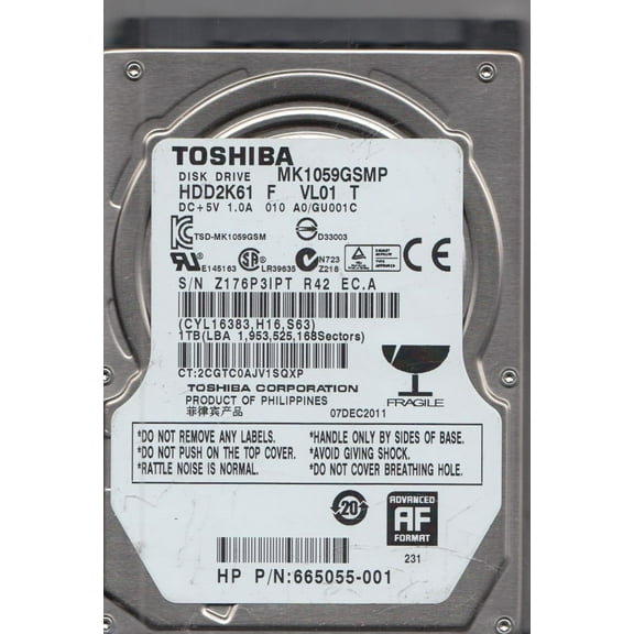 MK1059GSMP, A0/GU001C, HDD2K61 F VL01 T, Toshiba 1TB SATA 2.5 Hard Drive