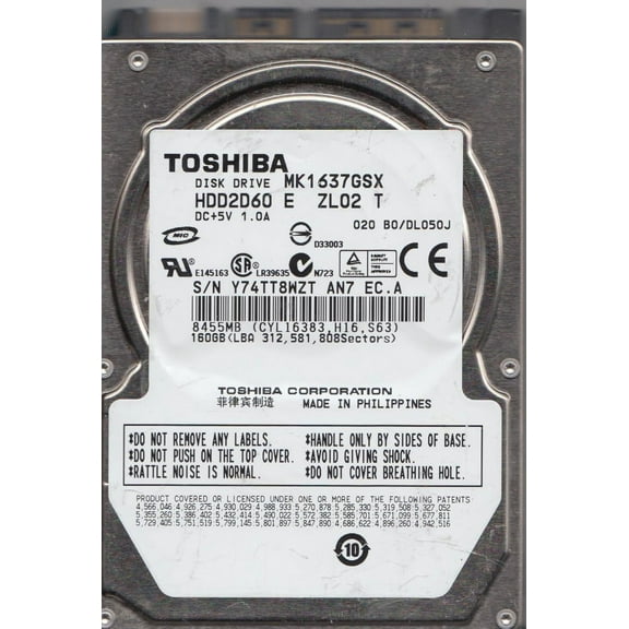 MK1637GSX, B0/DL050J, HDD2D60 E ZL02 T, Toshiba 160GB SATA 2.5 Hard Drive