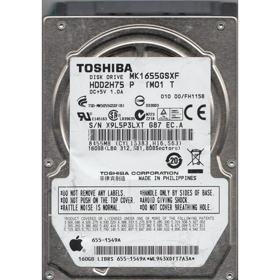 MK1655GSXF, D0/FH115B, HDD2H75 P TM01 T, Toshiba 160GB SATA 2.5 Hard Drive