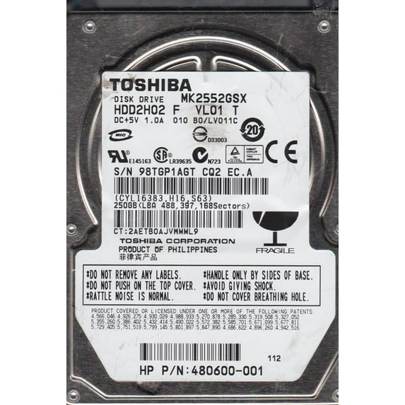 MK2552GSX, B0/LV011C, HDD2H02 F VL01 T, Toshiba 250GB SATA 2.5 Hard Drive