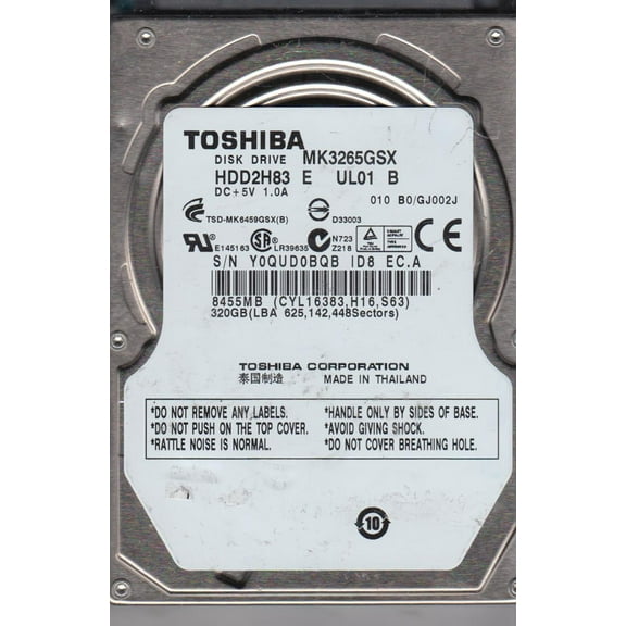 MK3265GSX, B0/GJ002J, HDD2H83 E UL01 B, Toshiba 320GB SATA 2.5 Hard Drive