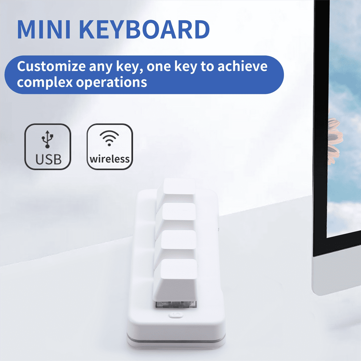 MK424G 4-Key Mini Customized Keyboard with Mechanical Blue Switch 2.4G+Usb Connection for Office Game Multimedia White,1 x Mini keyboard,White