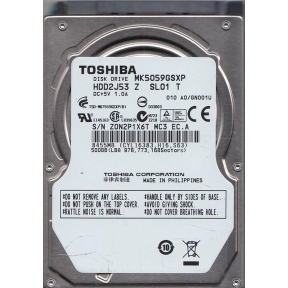 MK5059GSXP, A0/GN001U, HDD2J53 Z SL01 T, Toshiba 500GB SATA 2.5 Hard Drive