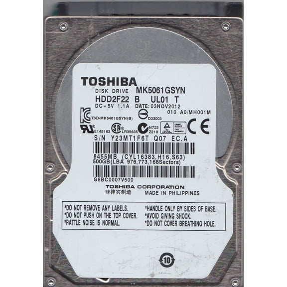 MK5061GSYN, A0/MH001M, HDD2F22 B UL01 T, Toshiba 500GB SATA 2.5 Hard Drive