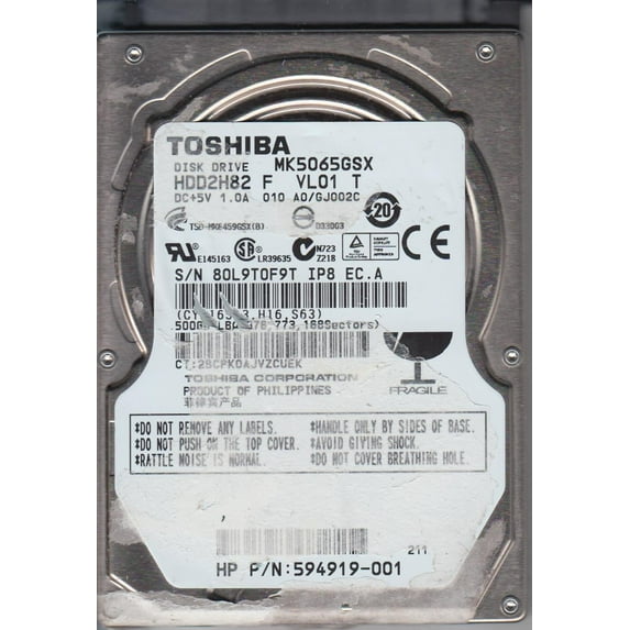 MK5065GSX, A0/GJ002C, HDD2H82 F VL01 T, Toshiba 500GB SATA 2.5 Hard Drive