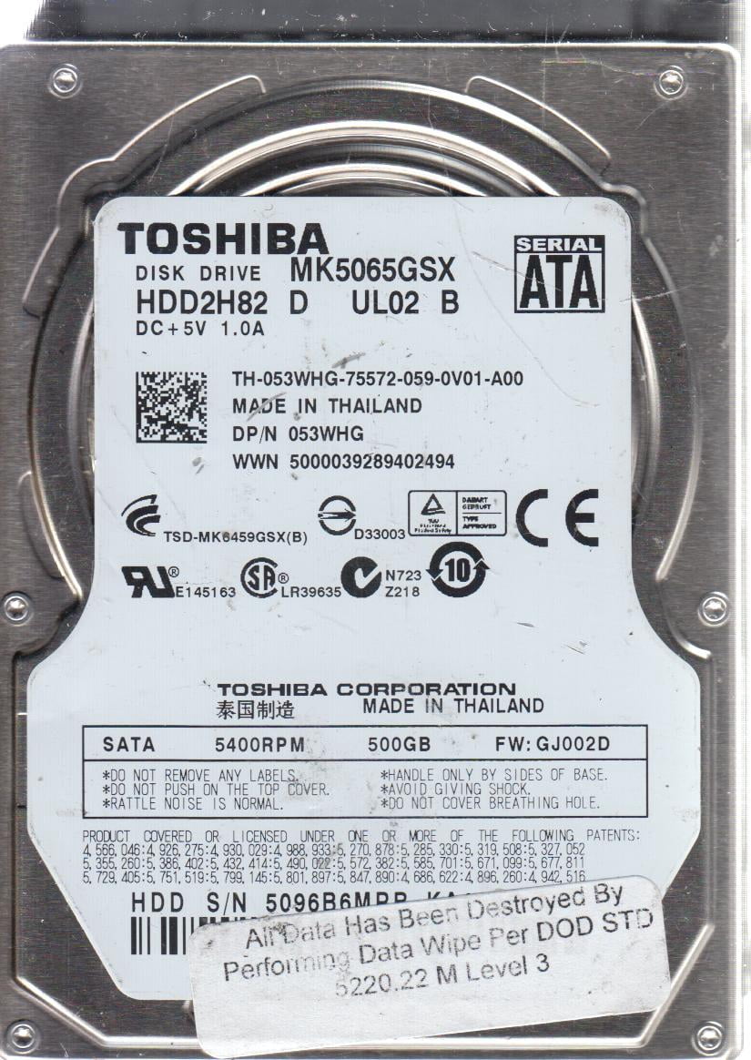 MK5065GSX, GJ002D, HDD2H82 D UL02 B, Toshiba 500GB SATA 2.5 Hard Drive ...