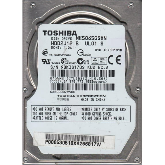 MK5065GSXN, A0/GH101M, HDD2J12 B UL01 S, Toshiba 500GB SATA 2.5 Hard Drive