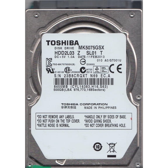 MK5075GSX, A0/GT001U, HDD2L03 Z SL01 T, Toshiba 500GB SATA 2.5 Hard Drive