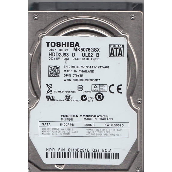 MK5076GSX, GS002D, HDD2J93 D UL02 B, Toshiba 500GB SATA 2.5 Hard Drive
