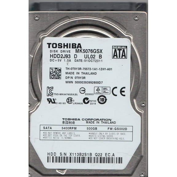 MK5076GSX, GS002D, HDD2J93 D UL02 B, Toshiba 500GB SATA 2.5 Hard Drive