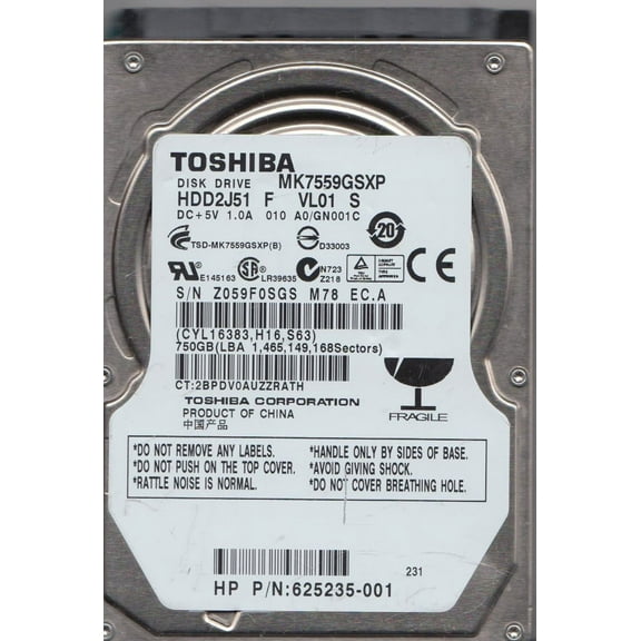 MK7559GSXP, A0/GN001C, HDD2J51 F VL01 S, Toshiba 750GB SATA 2.5 Hard Drive