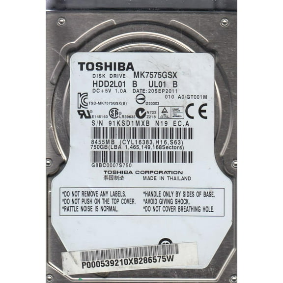 MK7575GSX, A0/GT001M, HDD2L01 B UL01 B, Toshiba 750GB SATA 2.5 Hard Drive