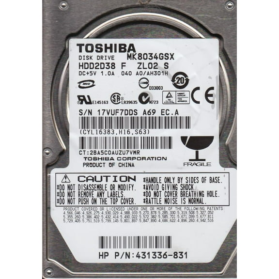 MK8034GSX, A0/AH301H, HDD2D38 F ZL02 S, Toshiba 80GB SATA 2.5 Hard Drive