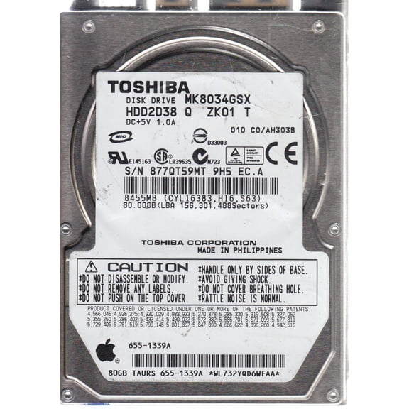 MK8034GSX, C0/AH303B, HDD2D38 Q ZK01 T, Toshiba 80GB SATA 2.5 Hard Drive