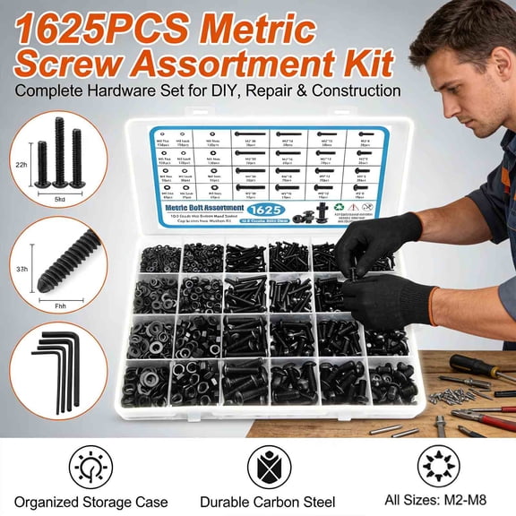 MKDAQIQIU 1625PCS Metric Screw Assortment Kit (M2-M5, 8-20mm) - Grade 10.9 Alloy Steel Hex Socket Head Screws, Nuts, Washers