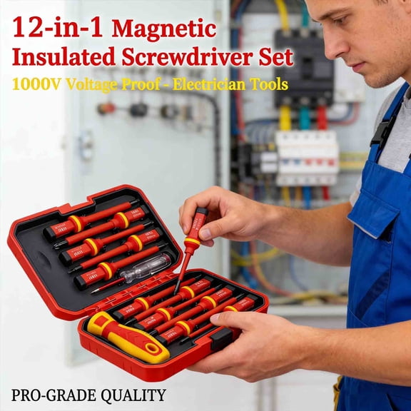 12-in-1 Magnetic Insulated Screwdriver Set - 1000V Voltage Proof Slotted Tools for Electricians