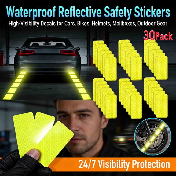 MKDAQIQIU Waterproof Reflective Safety Stickers - 30 Pack, 1.2" x 3.15" High-Visibility Decals for Cars, Bikes, Helmets, Mailboxes, Outdoor Gear