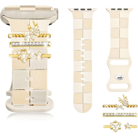 MKDJEH-Silicone Strap for Apple Watch Band 49 46mm, Stylish Checkered Bracelet with Gold Bling Snow Charm for iWatch 45 44mm Series 11 10 9 8 7 6 5 4 3 SE, Designer Sport Wristband for Apple Watch Ba