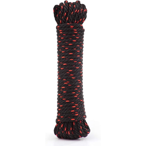 MKEUDQ-1/14" 50 ft Braided Polypropylene Utility Cord, Weather Resistant Indoor Outdoor for Gardening, DIY Projects, Securing Loads, Binding, Knot Tying, Tarp Use, 150 lb Capacity - Black/Red