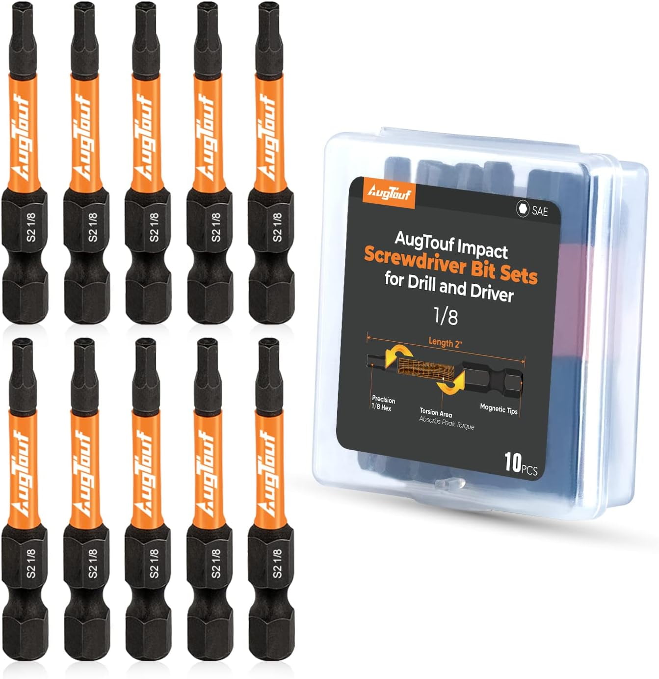 MKEUDQ-1/8" Impact Hex Bits Set 10pcs, 1/4\u201d Hex-Shank Allen Wrench Drill Bit Set,S2 Steel, CNC Machined Tips with Magnetism, 2\u201d Long with Storage Box