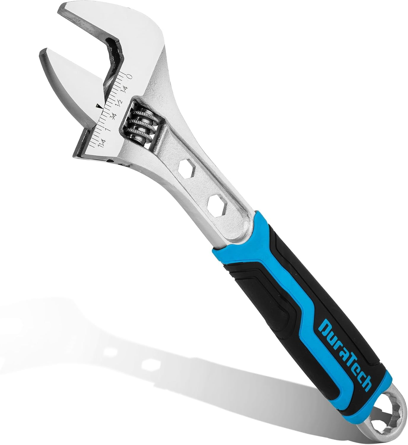 MKEUDQ-10 Inch Adjustable Wrench, 3-in-1 Spanner with Box End/Hex Function, CR-V Steel, Metric & SAE Scales, Chrome-plated, Bi-material soft Grip