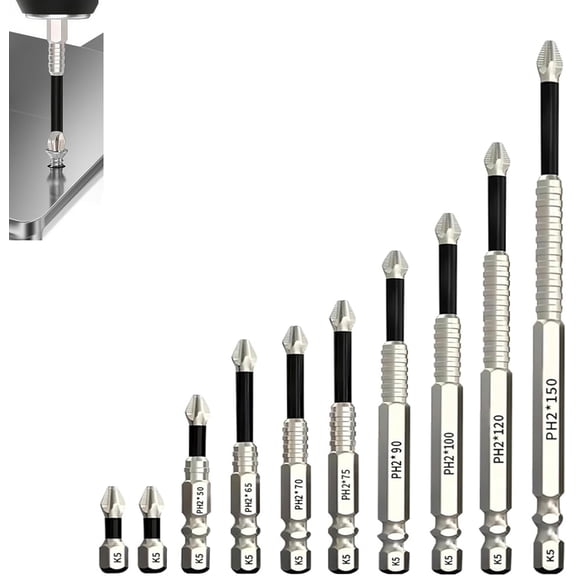 MKEUDQ-10 Pack PH2 Phillips Bits Set, High Magnetic Screwdriver Drill Bit Set, Anti-Slip S2 Alloy Steel, 1/4'' Hex Shank K5 Impact Bits, 25 50 65 70 75 90 100 120 150mm