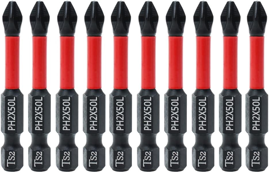 MKEUDQ-10 Pack Phillips PH2 Magnetic Anti Slip Screwdriver Bit Set 2" L TS2 Toolsteel HRC63 Anti-Slip Long Drill Bits 1/4 Hex Shank Cross Single and Double Head Bits Screw Impact Driver Bits