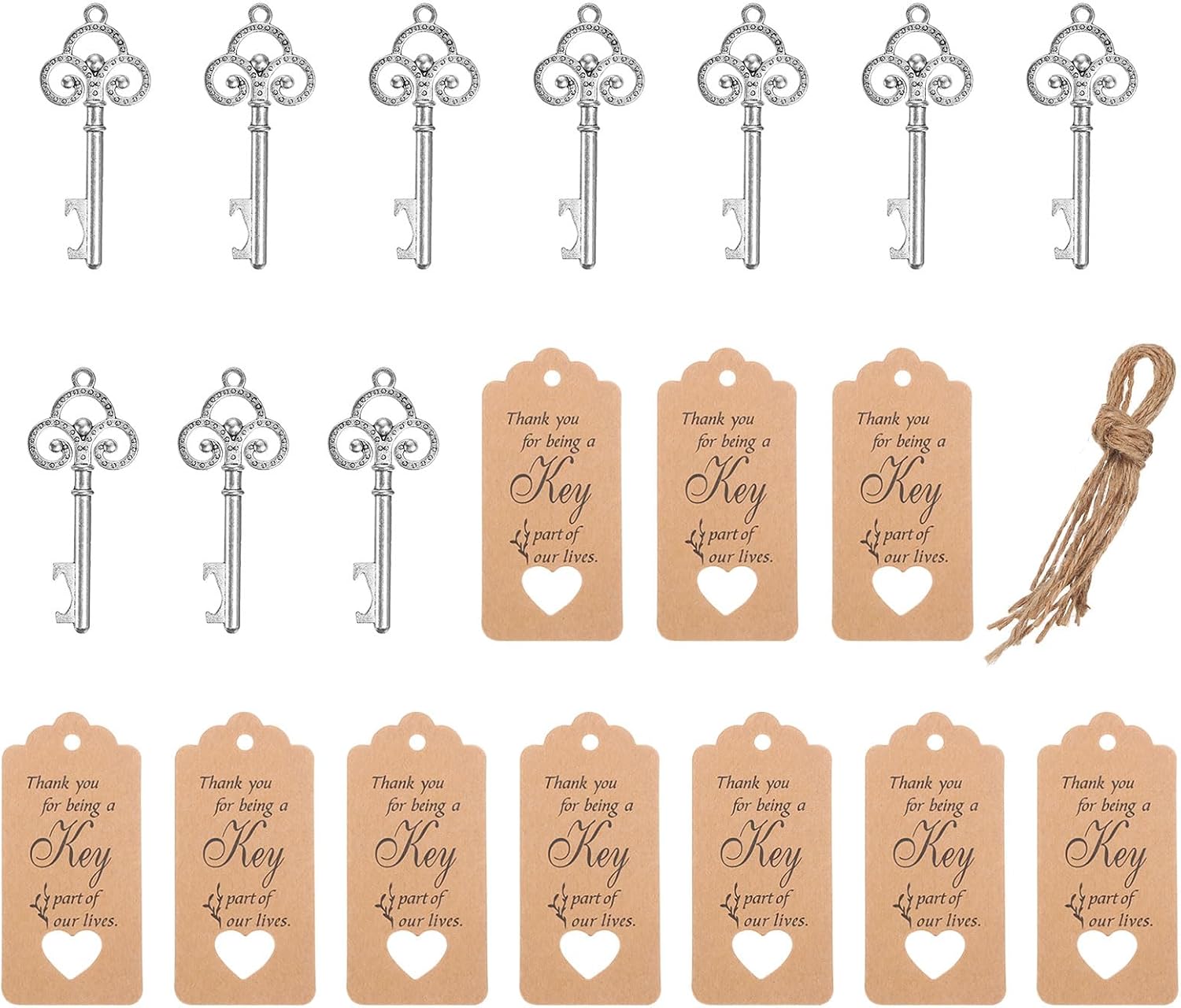 MKEUDQ-10 Pcs Vintage Key Bottle Openers Wedding Party Favor Souvenir Gift Set with Thank You Tag, Organza Bags, Rope for Guests,Silver