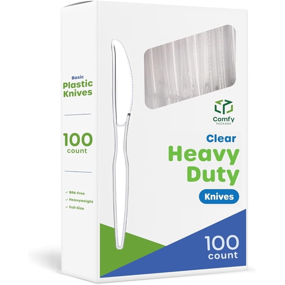 MKEUDQ-[100 Pack] Heavy Duty Disposable Clear Plastic Knives - Basic Cutlery for Parties, Events, and Everyday Use (Formerly Comfy Package)