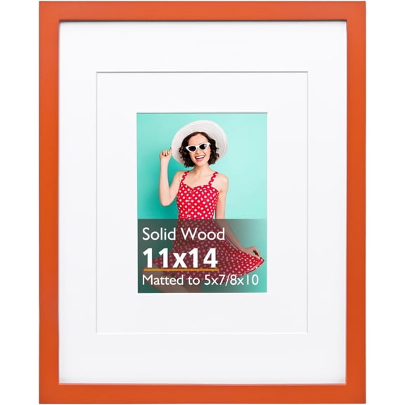 MKEUDQ-11x14 Picture Frame Orange, Solid Wood Frame 11x14 with Acrylic Plexiglass for Pictures 5x7/8x10 With Mat,Tabletop and Wall Display, 11 x 14 Picture Frame Set of 1
