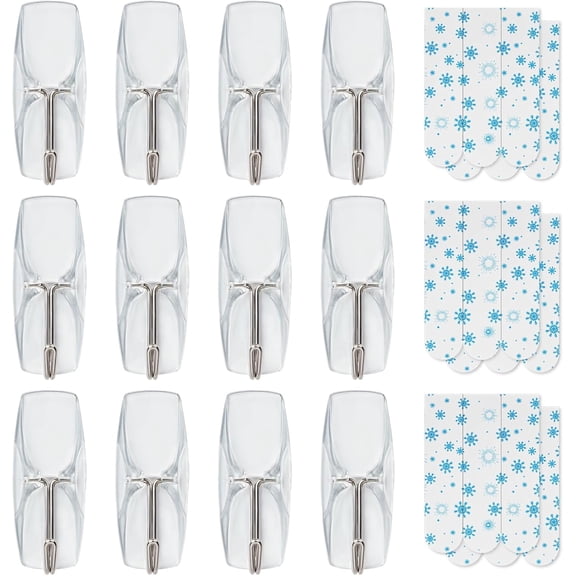 MKEUDQ-12 Medium Wall Hooks+18 Removable Strips, Clear Wire Hanger Hooks, Damage-Free Utility Hooks, Heavy Duty with Adhesive Strips, No Tools Wall Hook for Hanging, Value Pack
